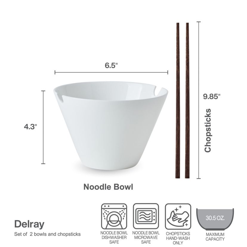 Mikasa Delray Bone China Lightweight Chip Resistant Noodle Ramen Bowl and Chopstick Set, Set of 2, White