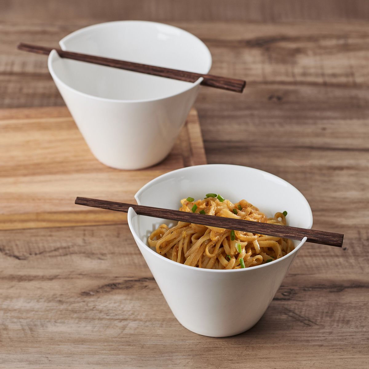 Mikasa Delray Bone China Lightweight Chip Resistant Noodle Ramen Bowl and Chopstick Set, Set of 2, White