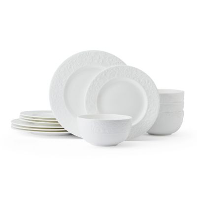 Mikasa Claire Floral Bone China 12 Piece Dinnerware Set, Service for 4, White