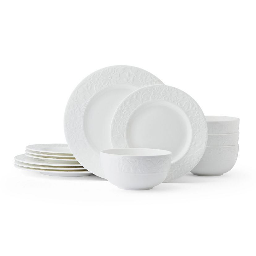 Claire Floral Bone China 12 Piece Dinnerware Set, Service for 4, White