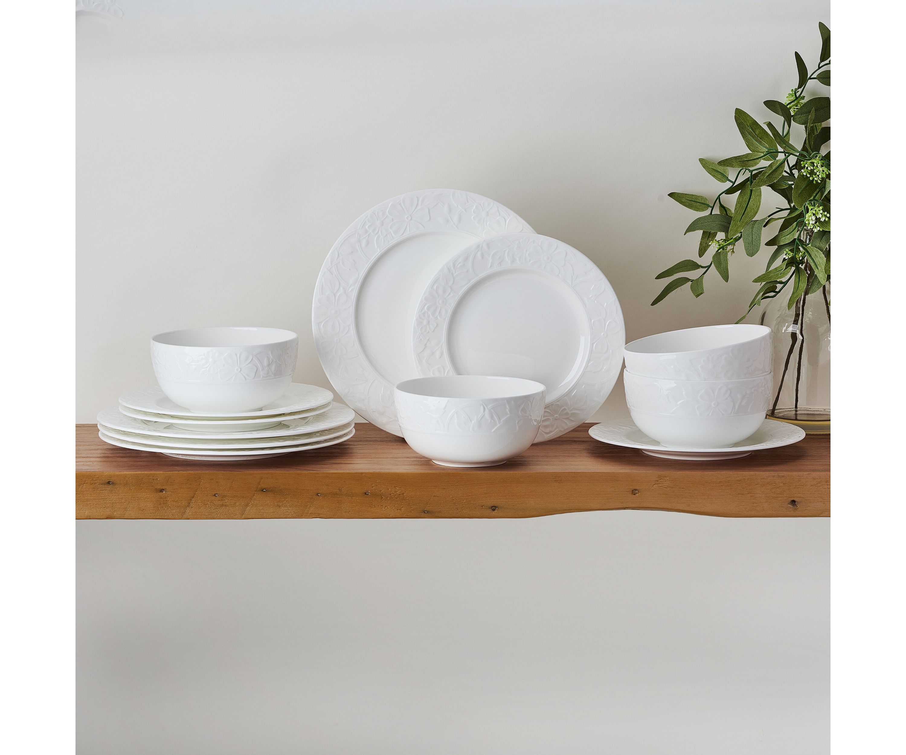 Claire Floral Bone China 12 Piece Dinnerware Set, Service for 4, White
