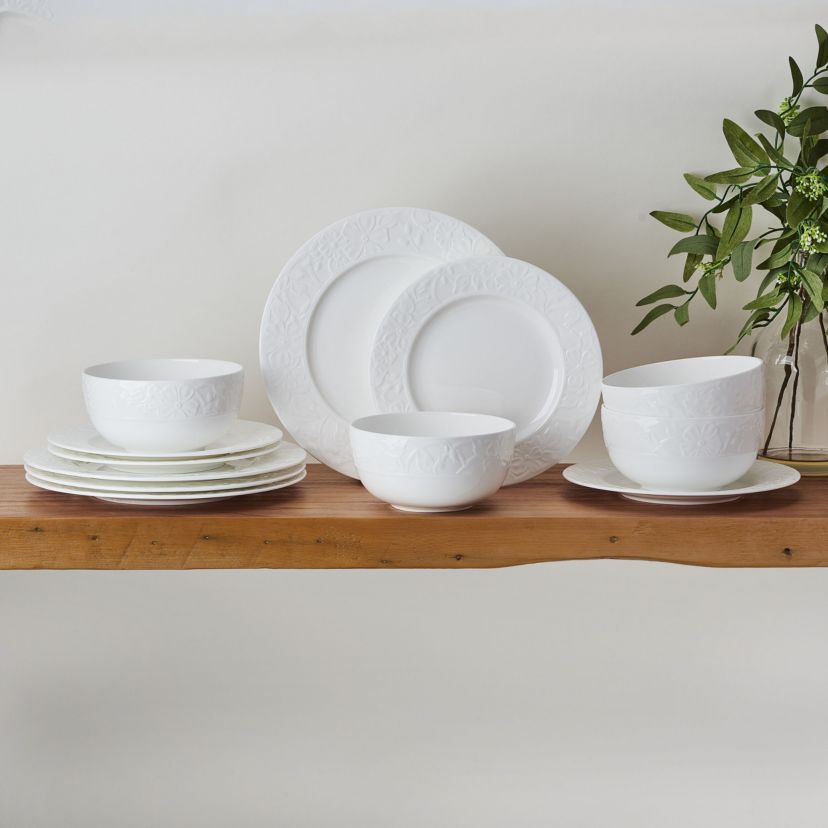 Claire Floral Bone China 12 Piece Dinnerware Set, Service for 4, White