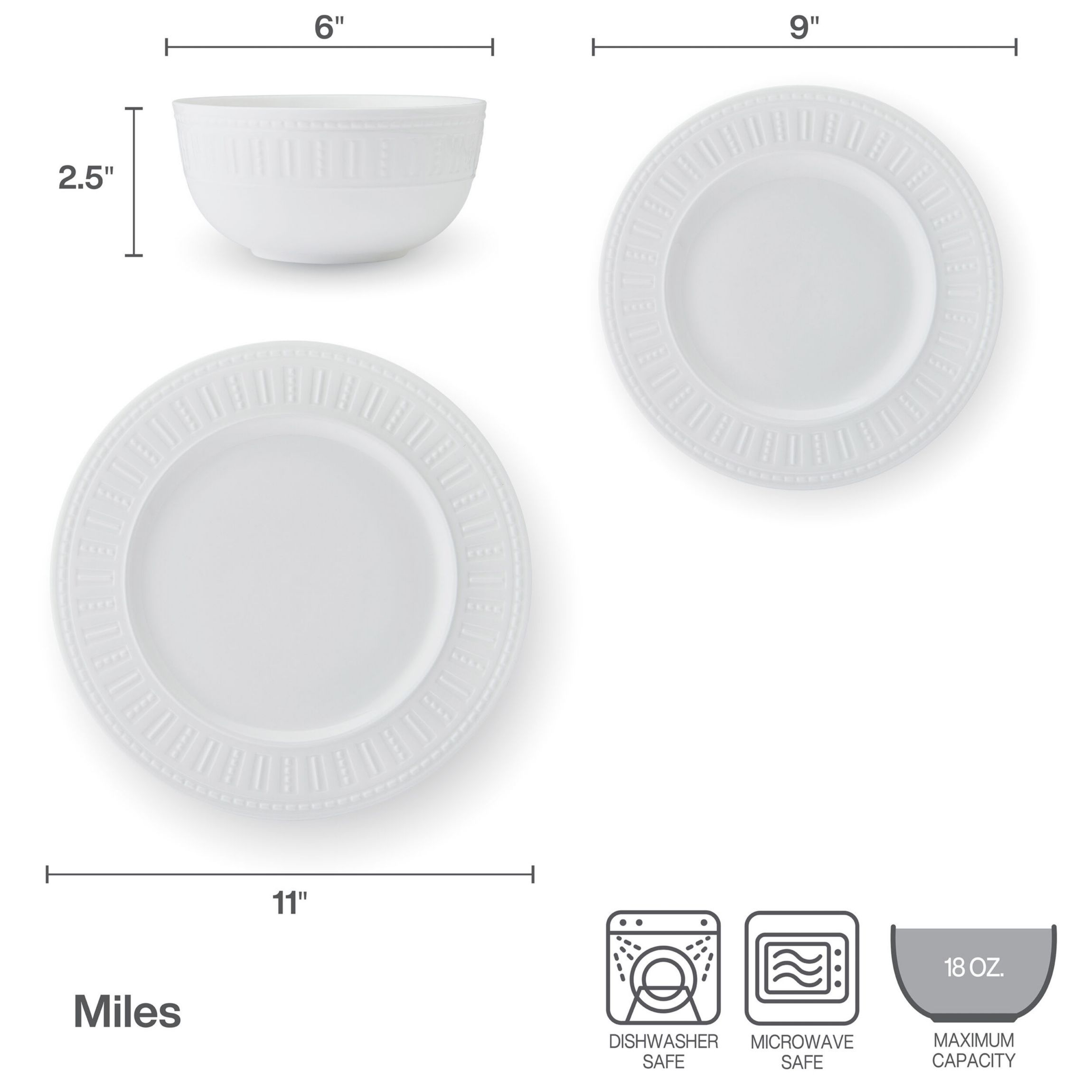 Miles Bone China 12 Piece Dinnerware Set, Service for 4, White