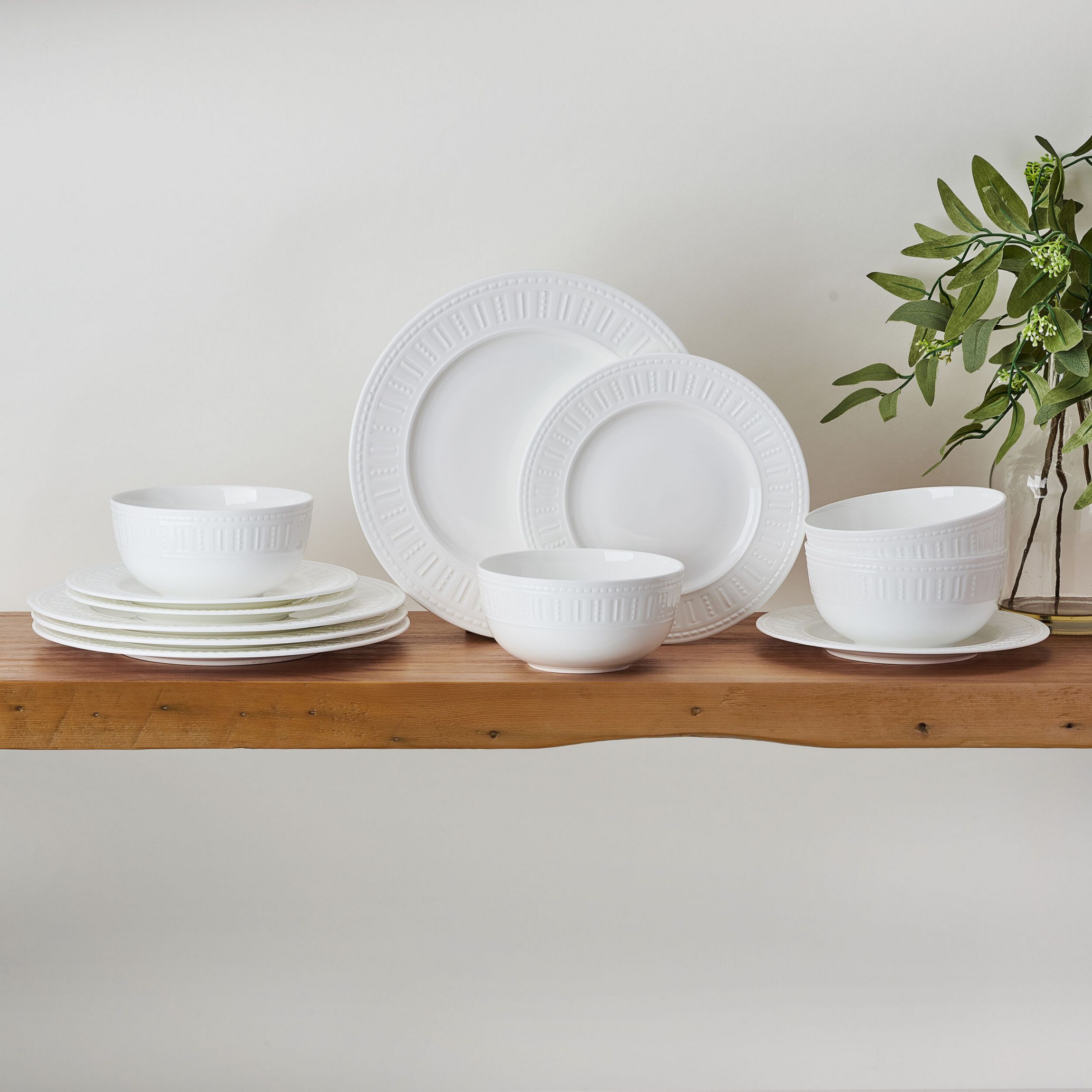 Miles Bone China 12 Piece Dinnerware Set, Service for 4, White