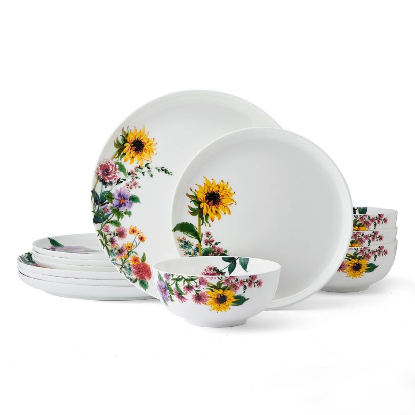 Garden of Petals Bone China 12 Piece Dinnerware Set, Service for 4, White