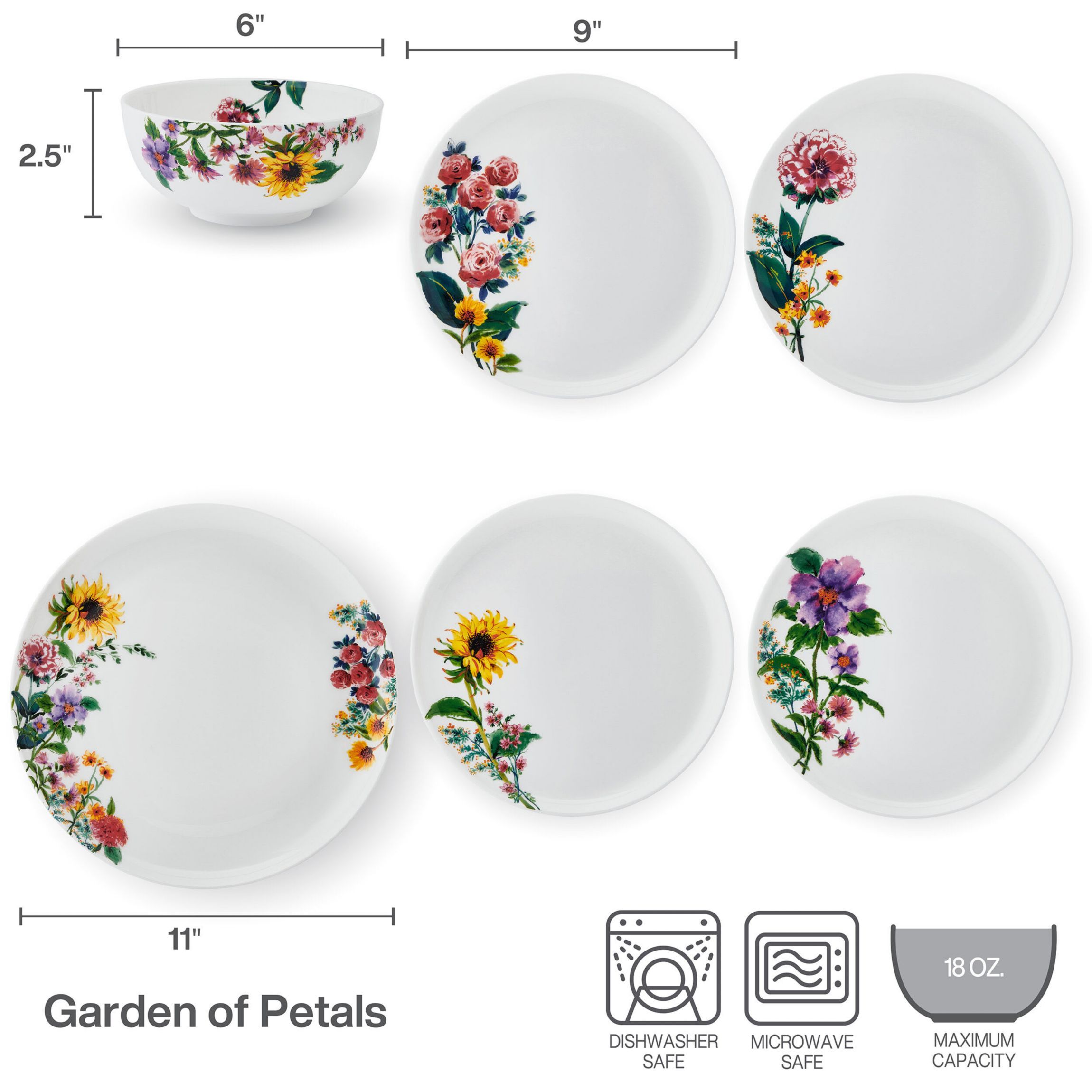 Garden of Petals Bone China 12 Piece Dinnerware Set, Service for 4, White
