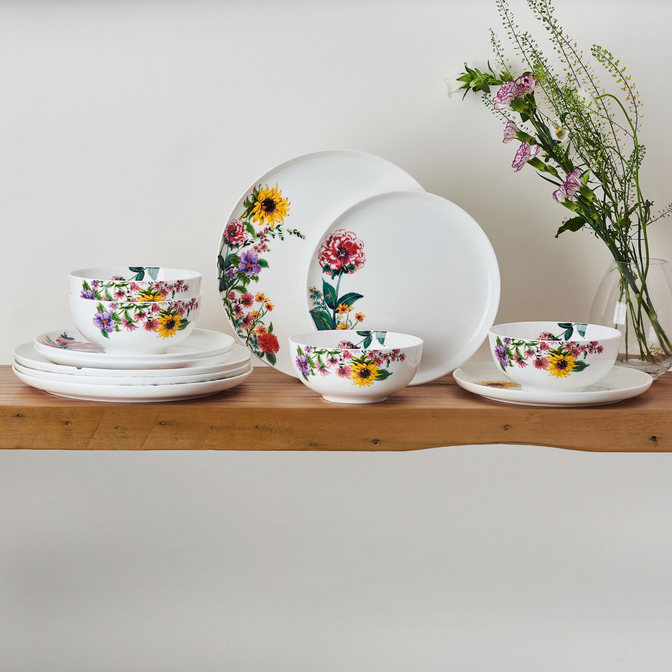 Garden of Petals Bone China 12 Piece Dinnerware Set, Service for 4, White