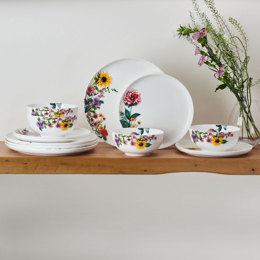 Garden of Petals Bone China 12 Piece Dinnerware Set, Service for 4, White