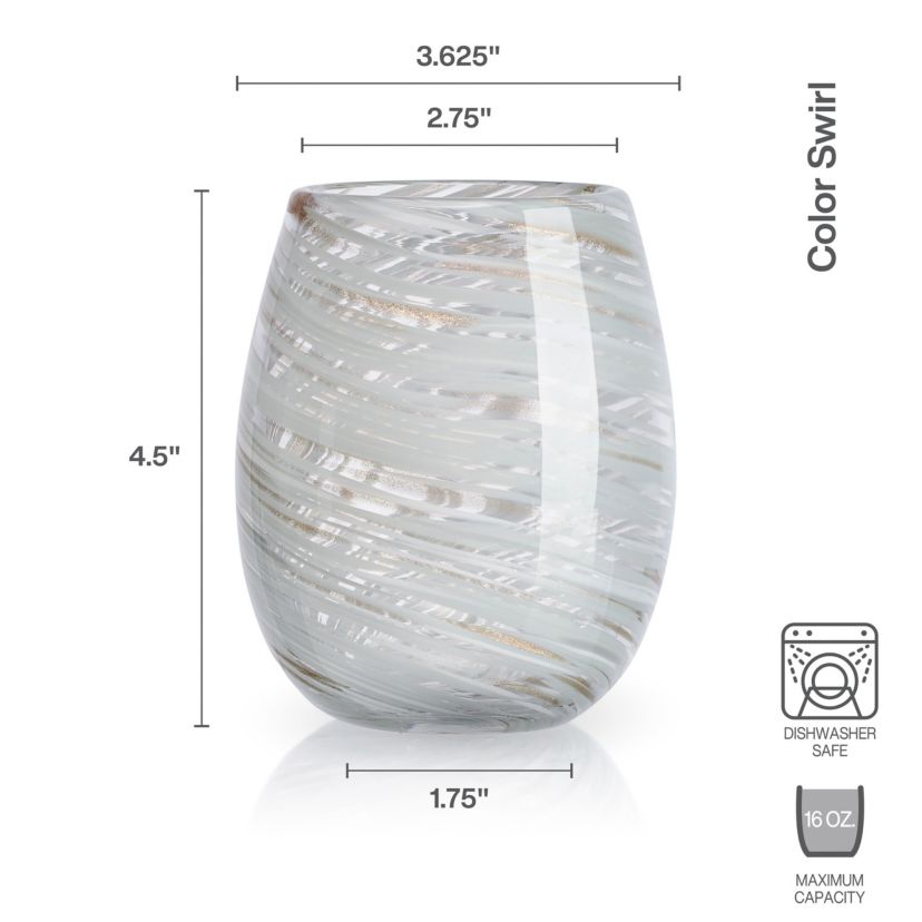 Mikasa Color Swirl White Gray Set of 4 Stemless Wine Glasses, 16 ounces