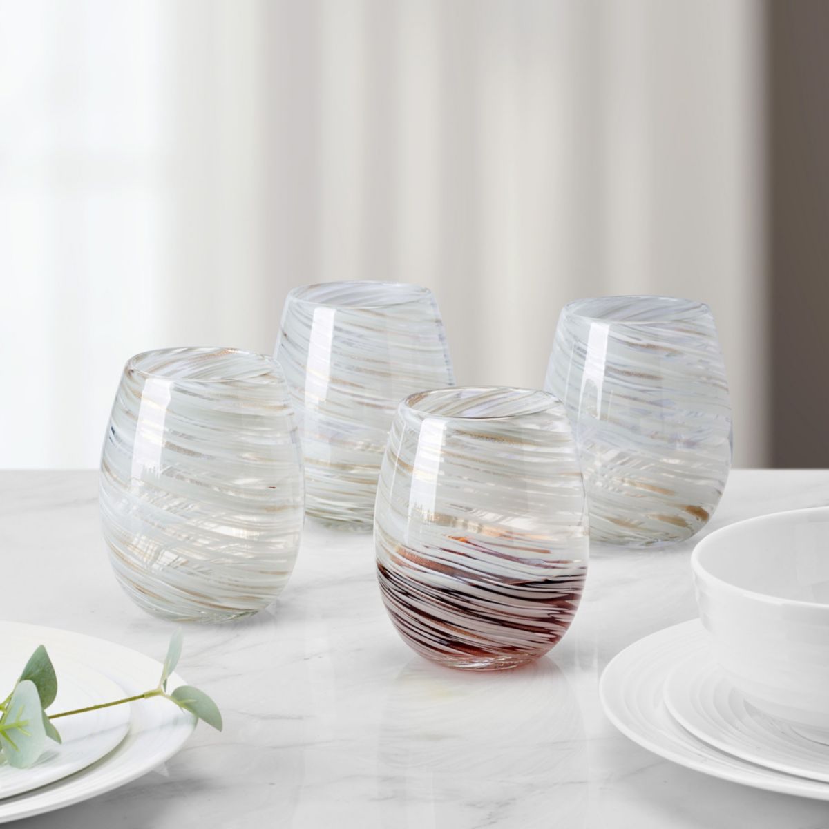 Mikasa Color Swirl White Gray Set of 4 Stemless Wine Glasses, 16 ounces