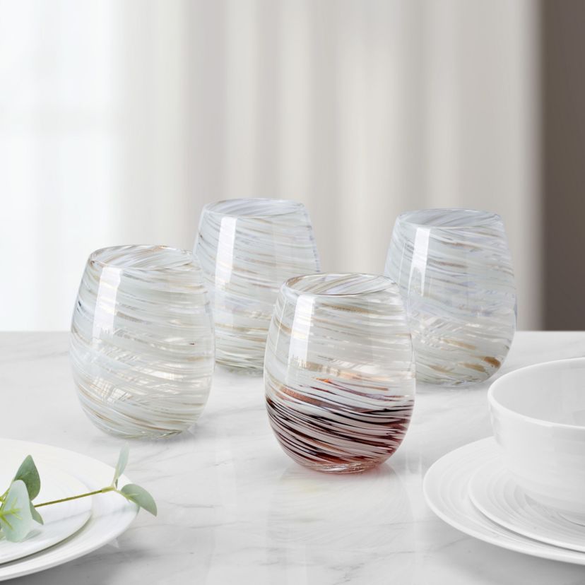 Mikasa Color Swirl White Gray Set of 4 Stemless Wine Glasses, 16 ounces