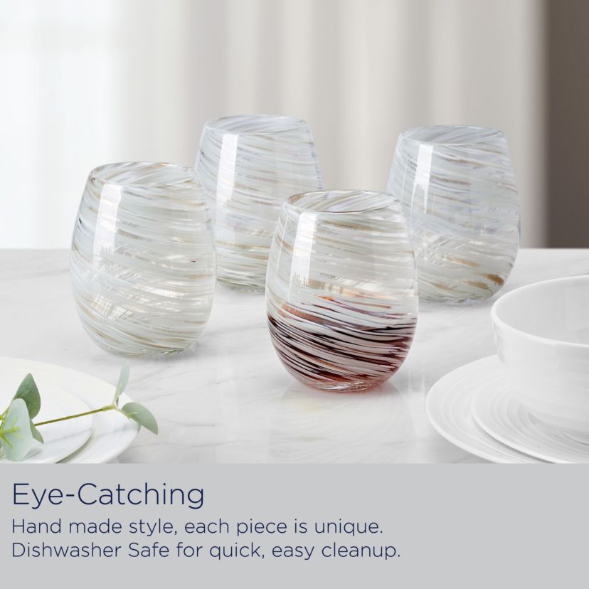 Mikasa Color Swirl White Gray Set of 4 Stemless Wine Glasses, 16 ounces