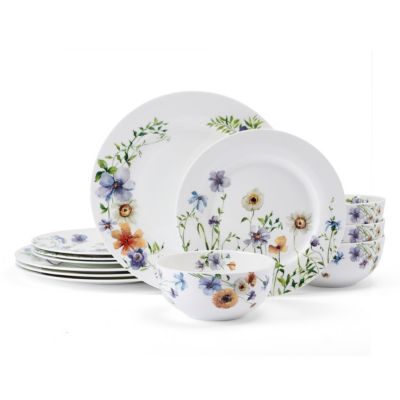 Mikasa Audrina Water Color Flowers Bone China 12 Piece Dinnerware Set, Service for 4, White