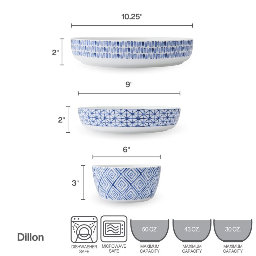 Dillon 9 Piece Dinnerware Bowl Set, Service for 3