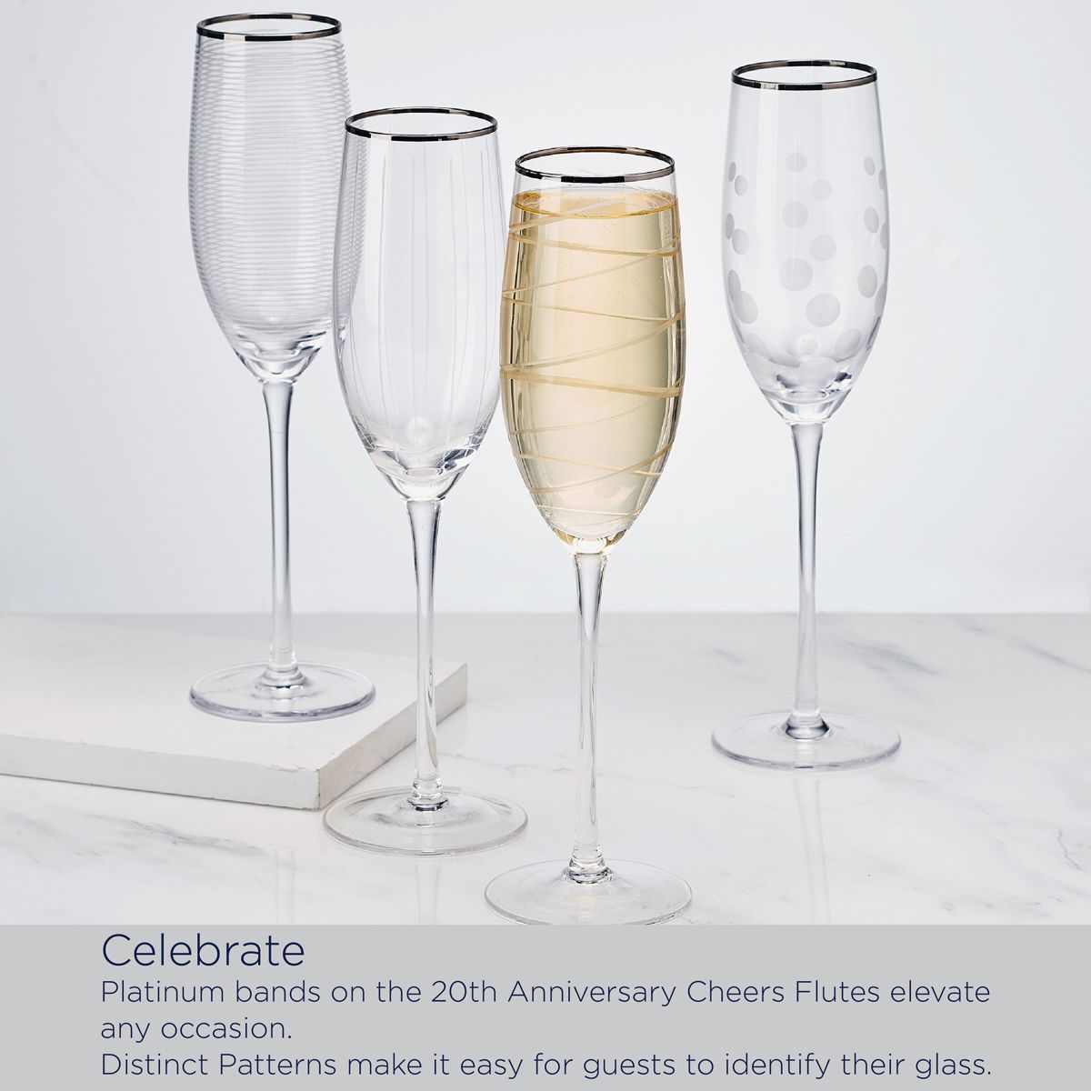 Mikasa Cheers 20th Anniversary Platinum Flutes, Set of 4