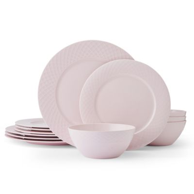 Mikasa Miksa Trellis Pink Bone China Chip Resistant Lightweight 12 Piece Dinnerware Set, Service for 4