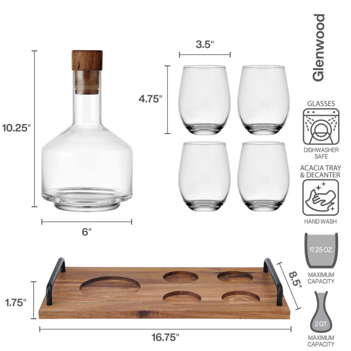 Mikasa Glenwood Glass Acacia Wood 7 Piece Stemless Wine Decanter Carafe Serving Bar Set