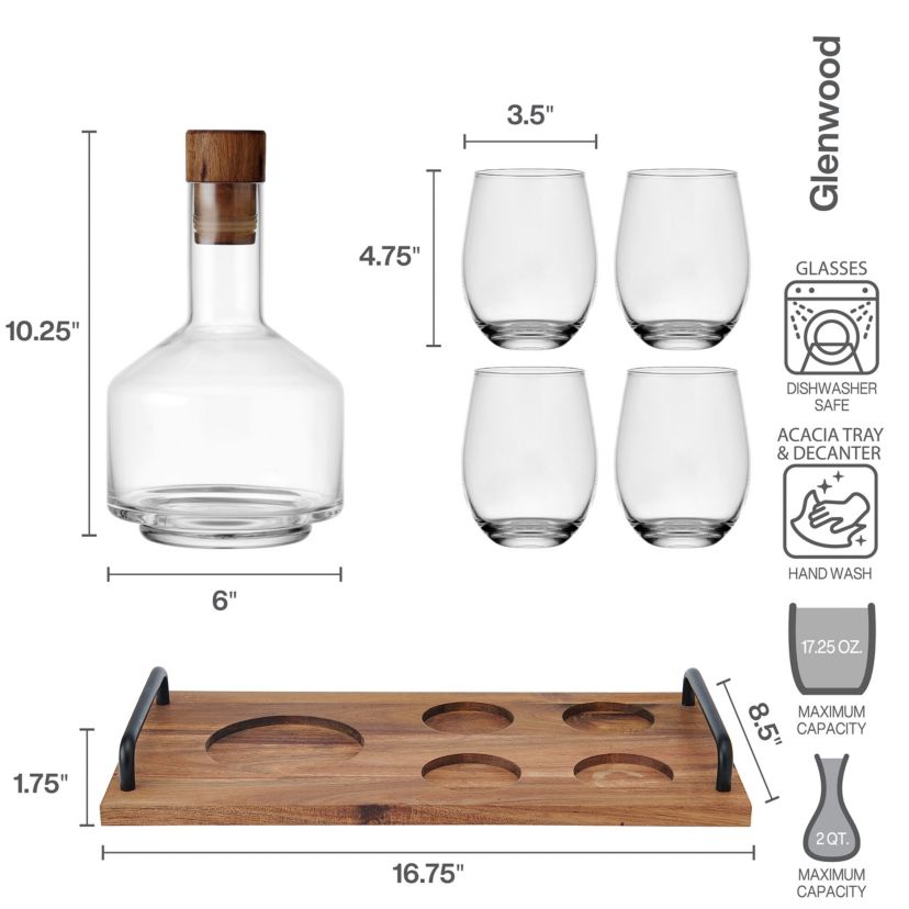 Mikasa Glenwood Glass Acacia Wood 7 Piece Stemless Wine Decanter Carafe Serving Bar Set