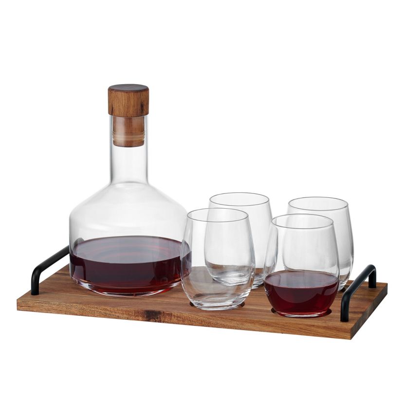 Mikasa Glenwood Glass Acacia Wood 7 Piece Stemless Wine Decanter Carafe Serving Bar Set