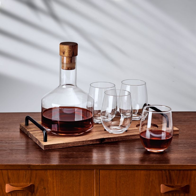 Mikasa Glenwood Glass Acacia Wood 7 Piece Stemless Wine Decanter Carafe Serving Bar Set