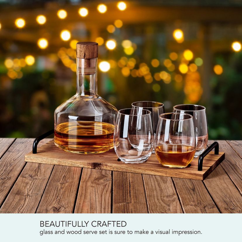 Mikasa Glenwood Glass Acacia Wood 7 Piece Stemless Wine Decanter Carafe Serving Bar Set