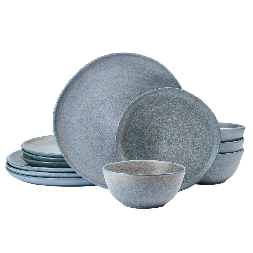 Mikasa Benson 12 Piece Stoneware Dinnerware Set, Service for 4, Plate and Bowl, Modern with Organic Freeform Shape for Everyday Dining, Blue