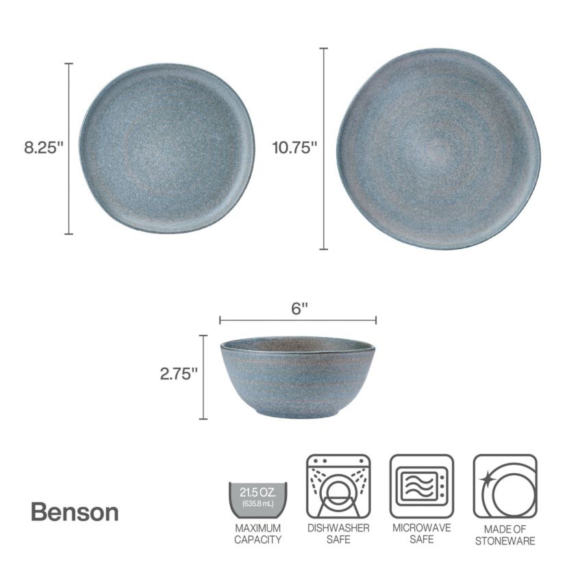 Mikasa Benson 12 Piece Stoneware Dinnerware Set, Service for 4, Plate and Bowl, Modern with Organic Freeform Shape for Everyday Dining, Blue