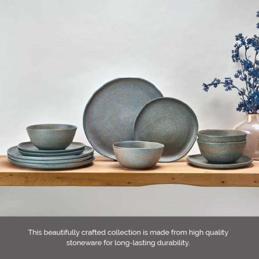 Mikasa Benson 12 Piece Stoneware Dinnerware Set, Service for 4, Plate and Bowl, Modern with Organic Freeform Shape for Everyday Dining, Blue