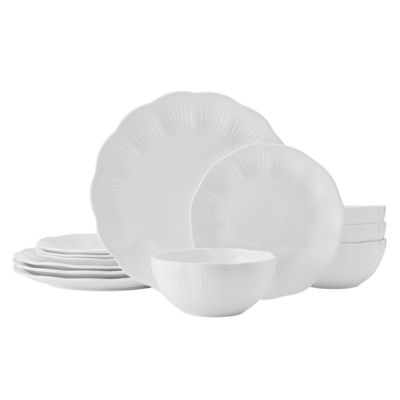 Mikasa Flora Scalloped Lightweight Chip Resistant Bone China 12 Piece Plate Bowl Dinnerware Set, Service for 4, White