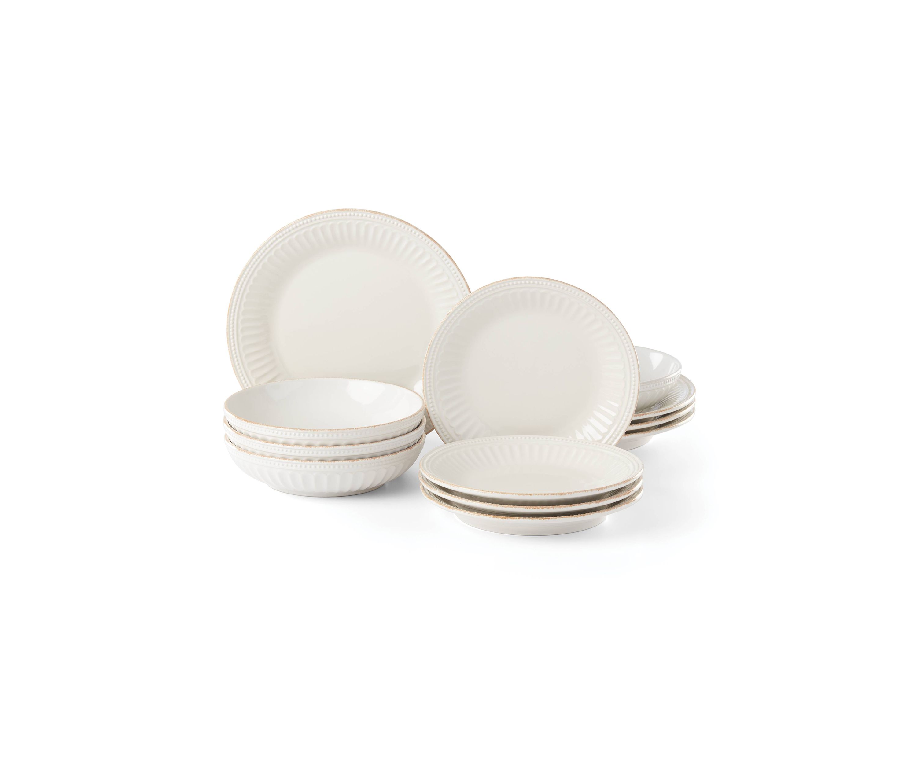 French Perle Groove White 12 Piece Pasta Bowl Dinnerware Set
