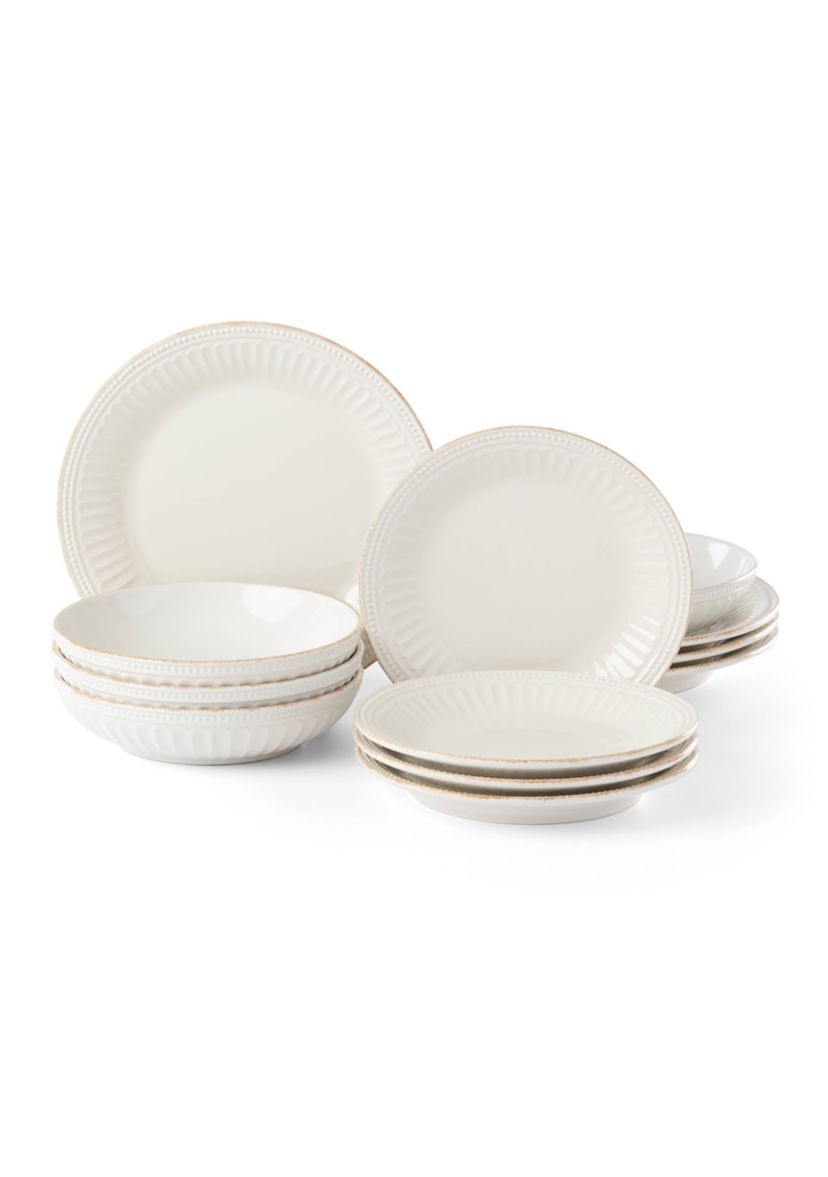 French Perle Groove White 12 Piece Pasta Bowl Dinnerware Set