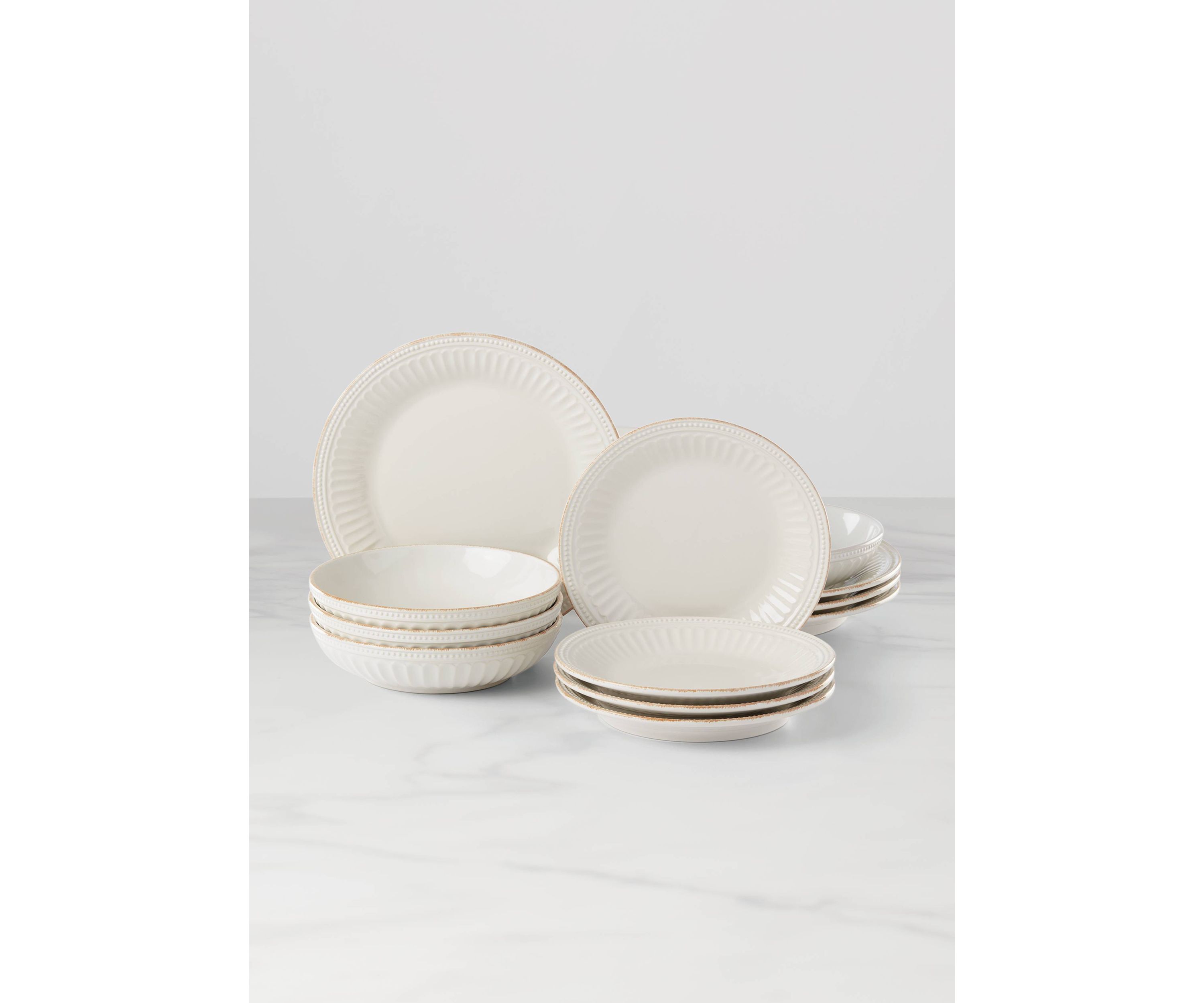French Perle Groove White 12 Piece Pasta Bowl Dinnerware Set