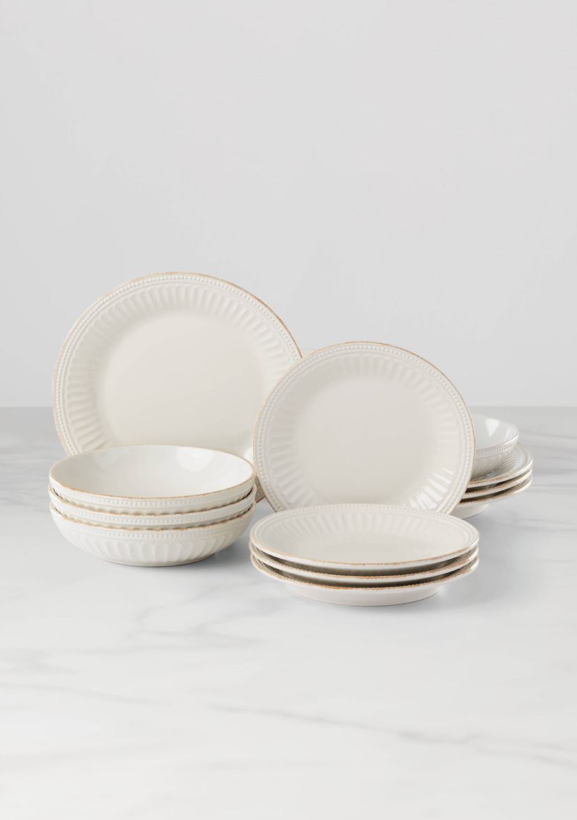 French Perle Groove White 12 Piece Pasta Bowl Dinnerware Set