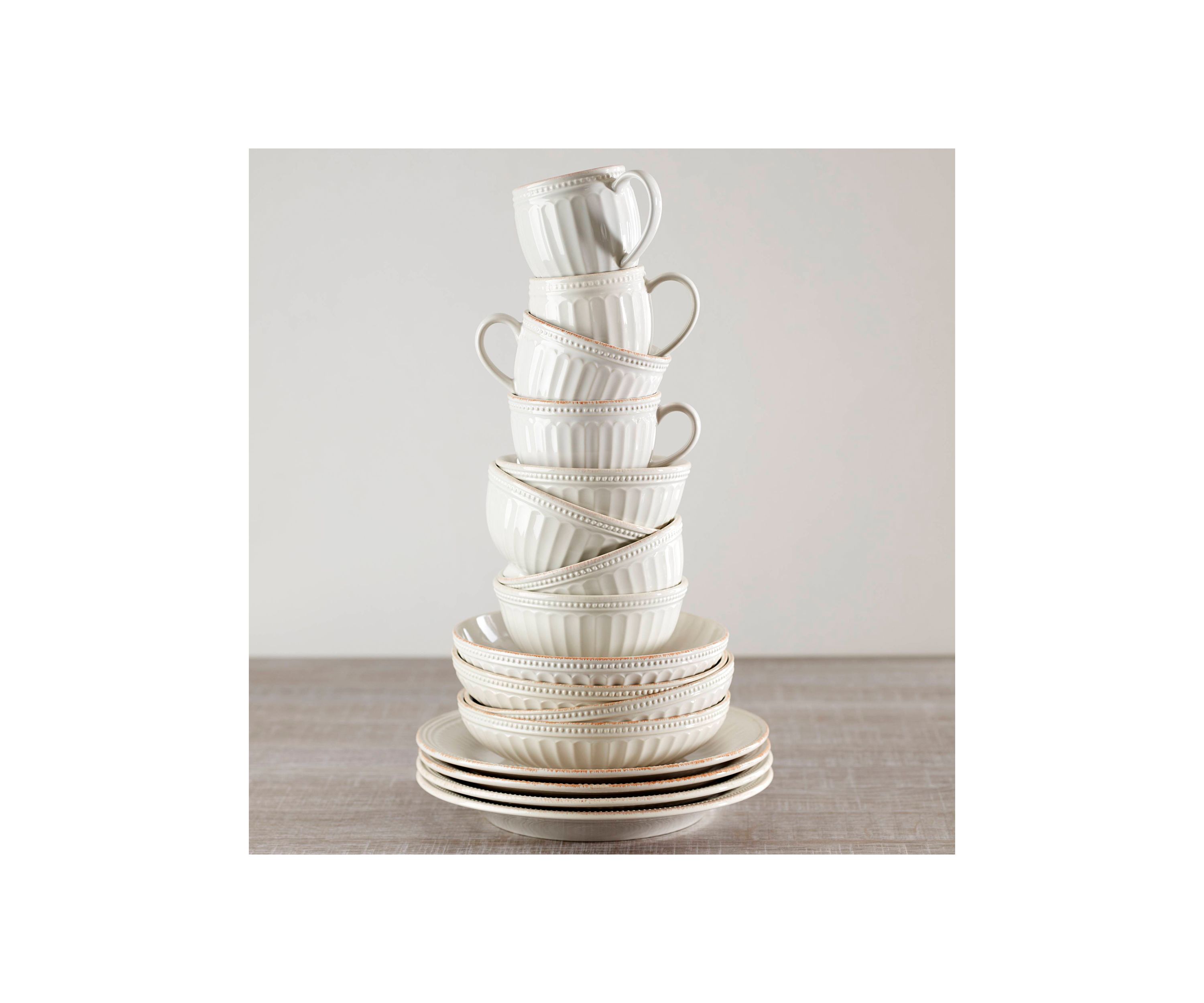 French Perle Groove White 12 Piece Pasta Bowl Dinnerware Set