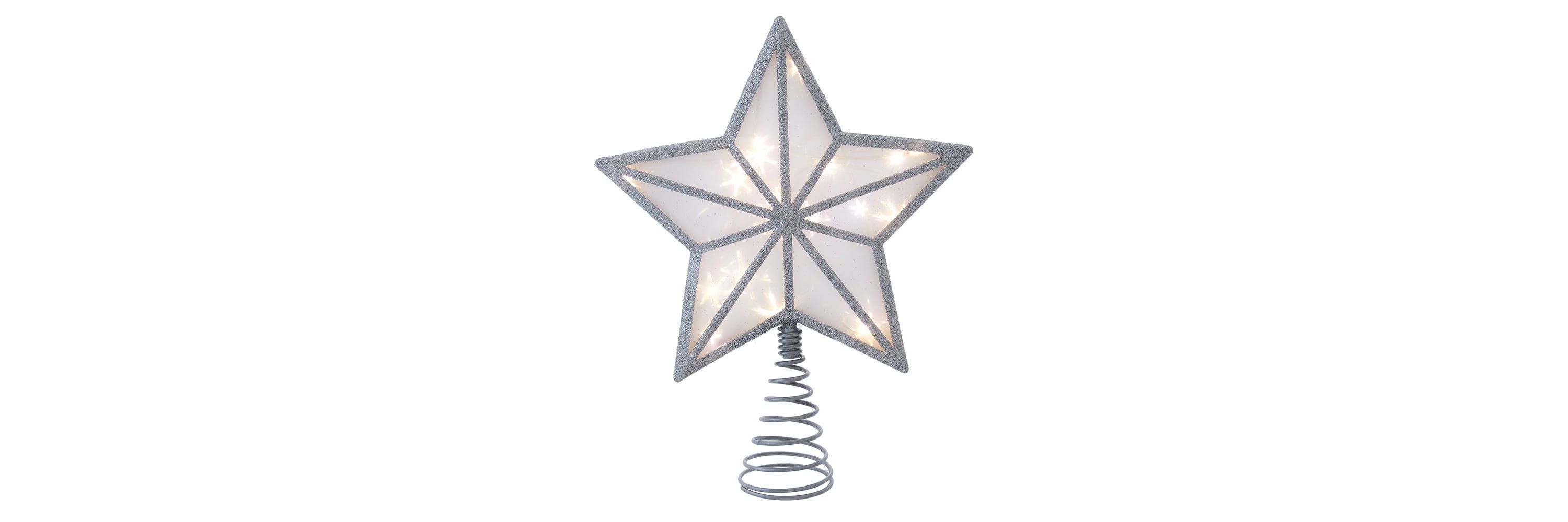 enchanting 11.5-Inch UL 20-Light Warm White Fairy LED Silver Glitter 5-Point Star Tree Topper