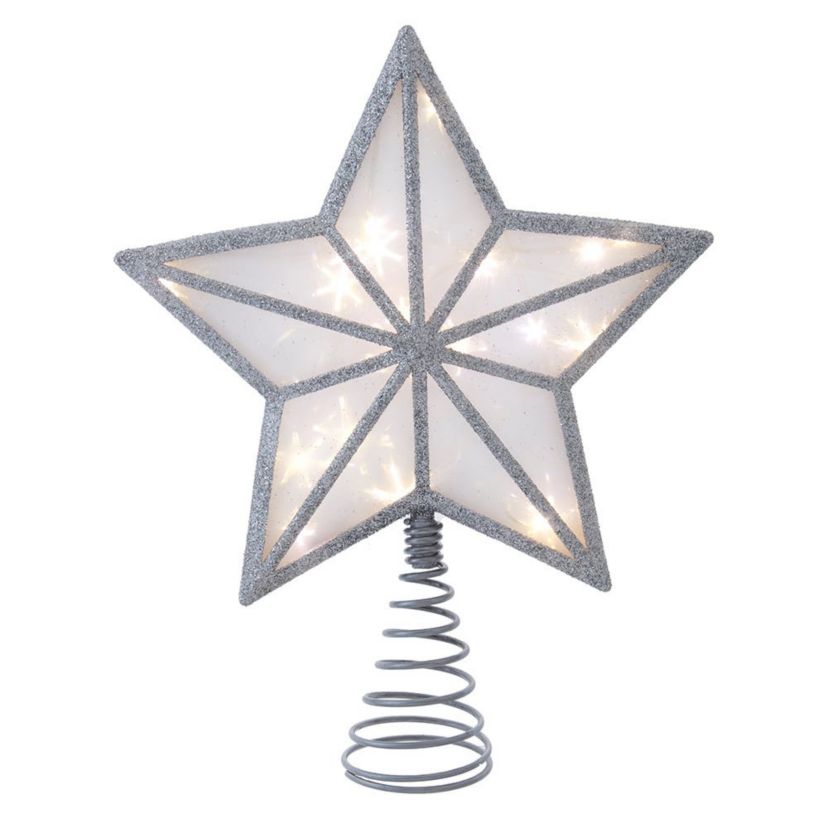 enchanting 11.5-Inch UL 20-Light Warm White Fairy LED Silver Glitter 5-Point Star Tree Topper