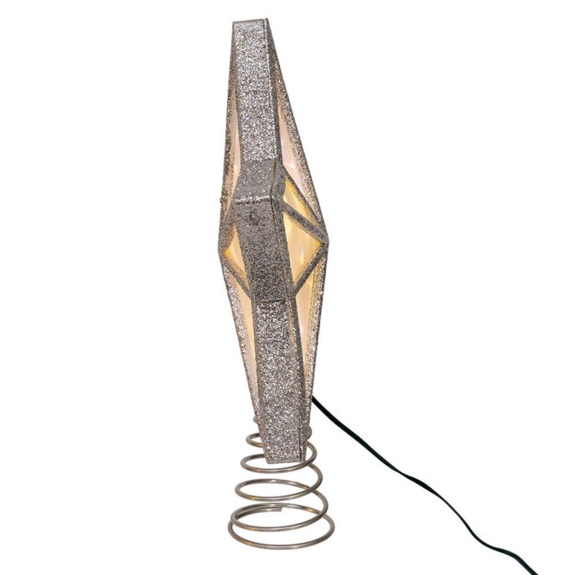 enchanting 11.5-Inch UL 20-Light Warm White Fairy LED Silver Glitter 5-Point Star Tree Topper