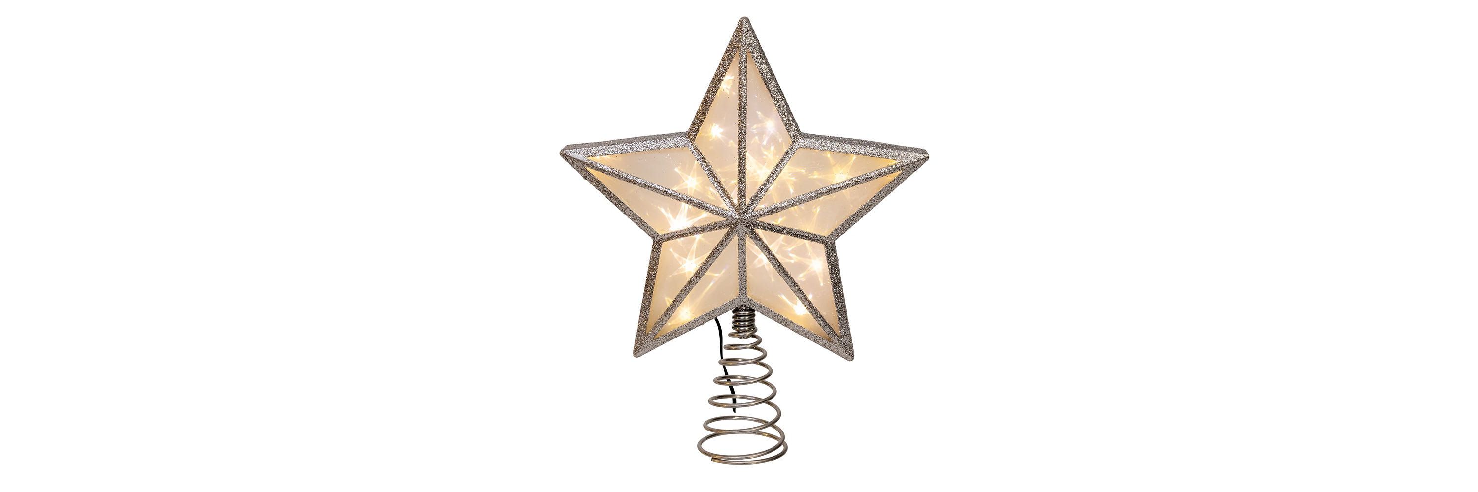 enchanting 11.5-Inch UL 20-Light Warm White Fairy LED Silver Glitter 5-Point Star Tree Topper