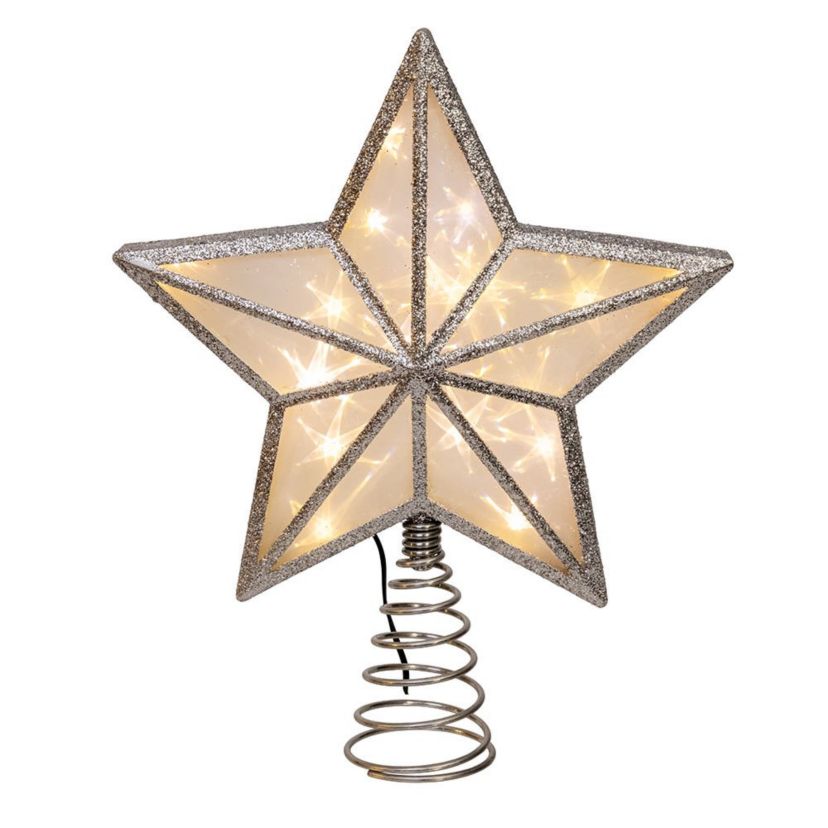 enchanting 11.5-Inch UL 20-Light Warm White Fairy LED Silver Glitter 5-Point Star Tree Topper