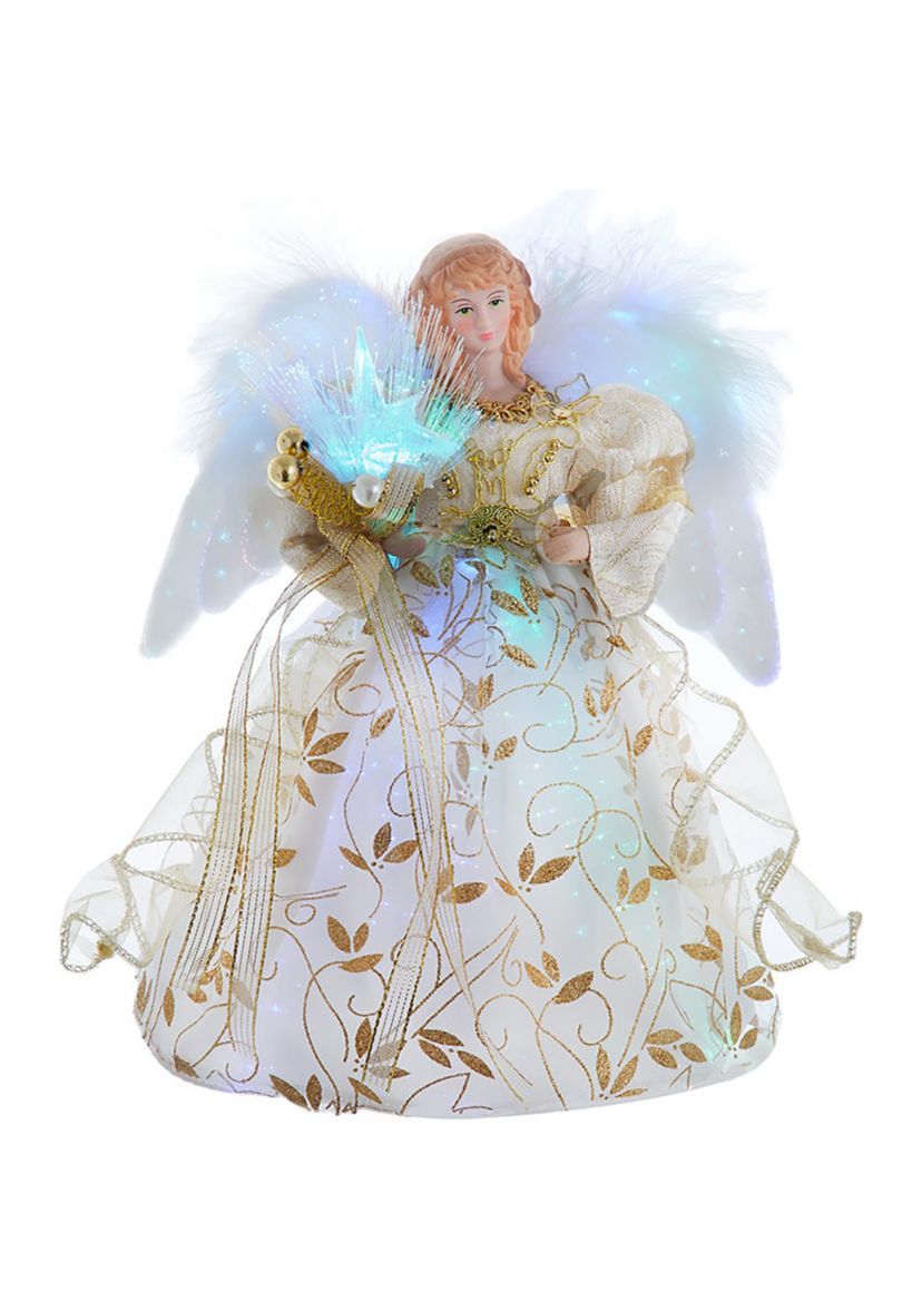 12-Inch Battery-Operated Fiber Optic Gold Angel Tree Topper with Color Changing LED Lights