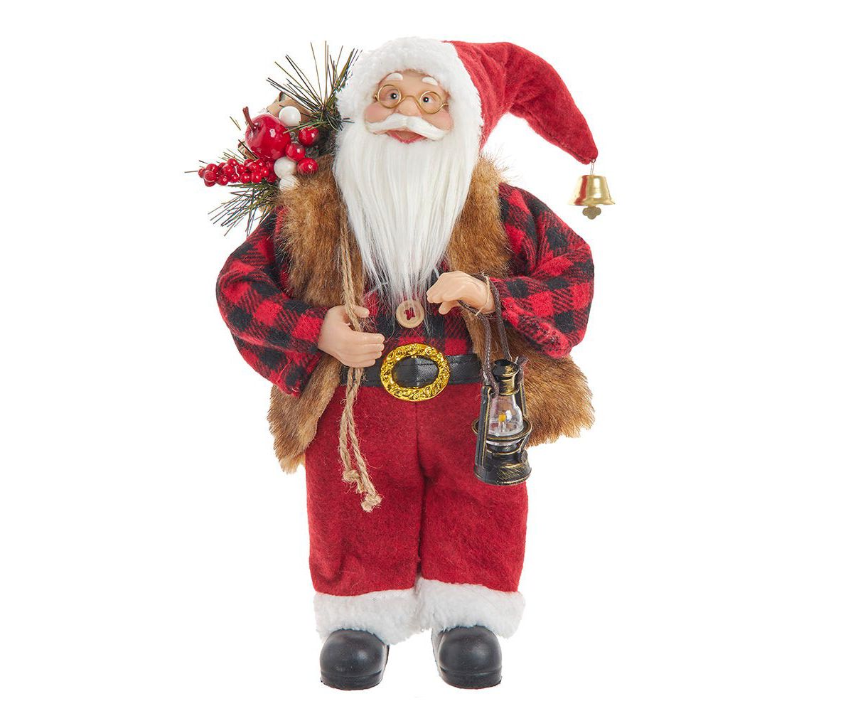 12-Inch Standing Christmas Santa with Plaid Shirt, Sack and Lantern
