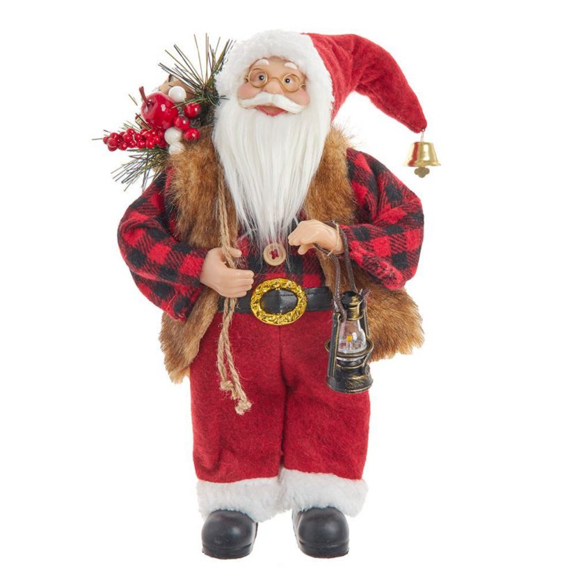 12-Inch Standing Christmas Santa with Plaid Shirt, Sack and Lantern