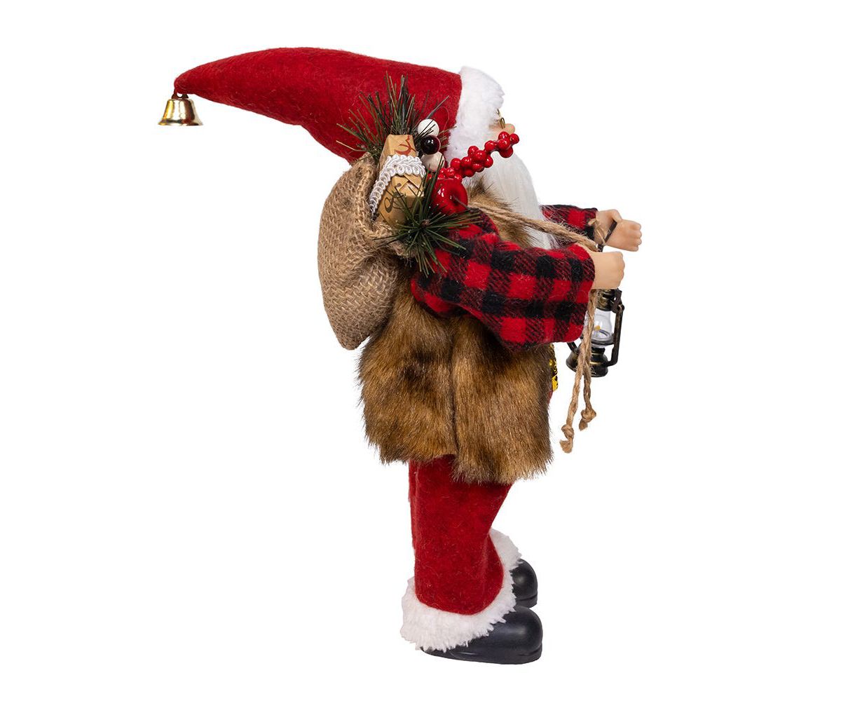 12-Inch Standing Christmas Santa with Plaid Shirt, Sack and Lantern