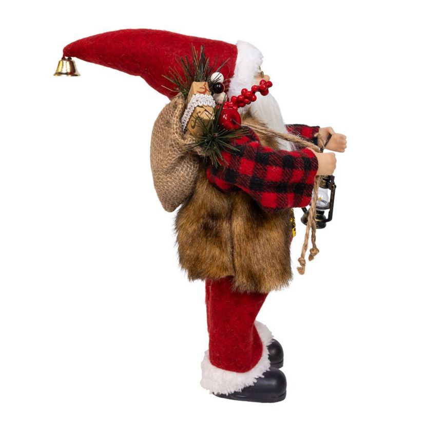 12-Inch Standing Christmas Santa with Plaid Shirt, Sack and Lantern