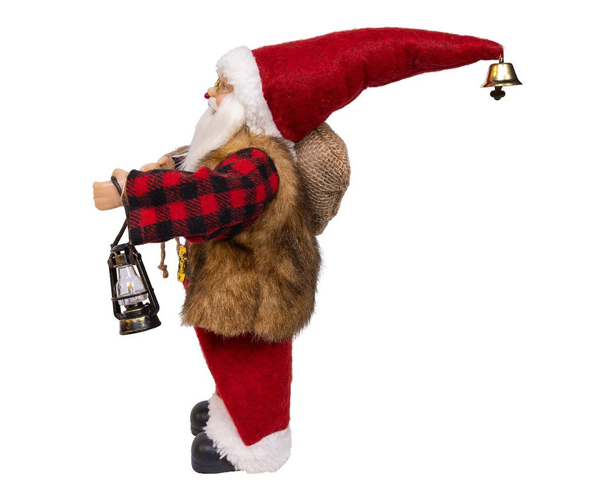 12-Inch Standing Christmas Santa with Plaid Shirt, Sack and Lantern