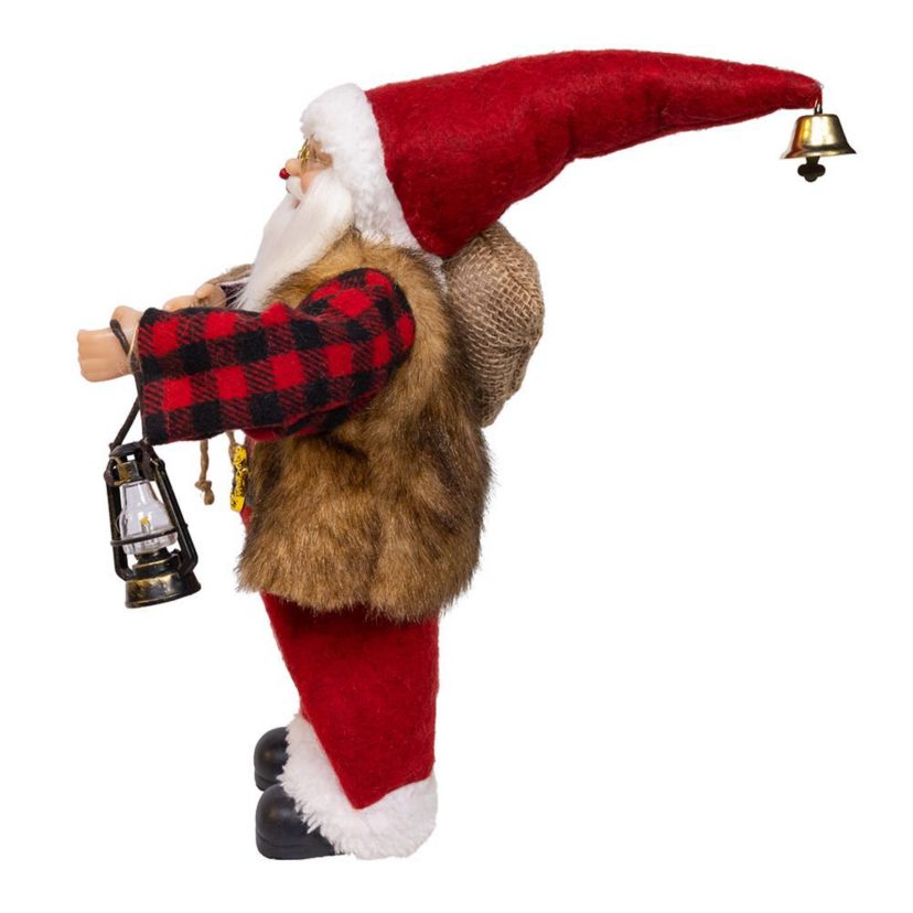 12-Inch Standing Christmas Santa with Plaid Shirt, Sack and Lantern