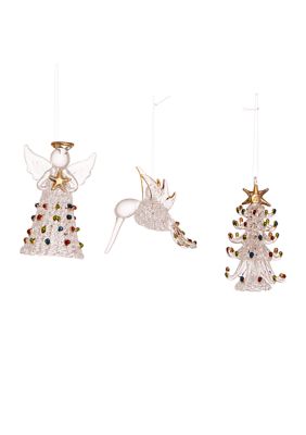 Kurt S. Adler 3-Inch Spun Glass Angel, Tree and Bird Ornaments - 3 Piece Set