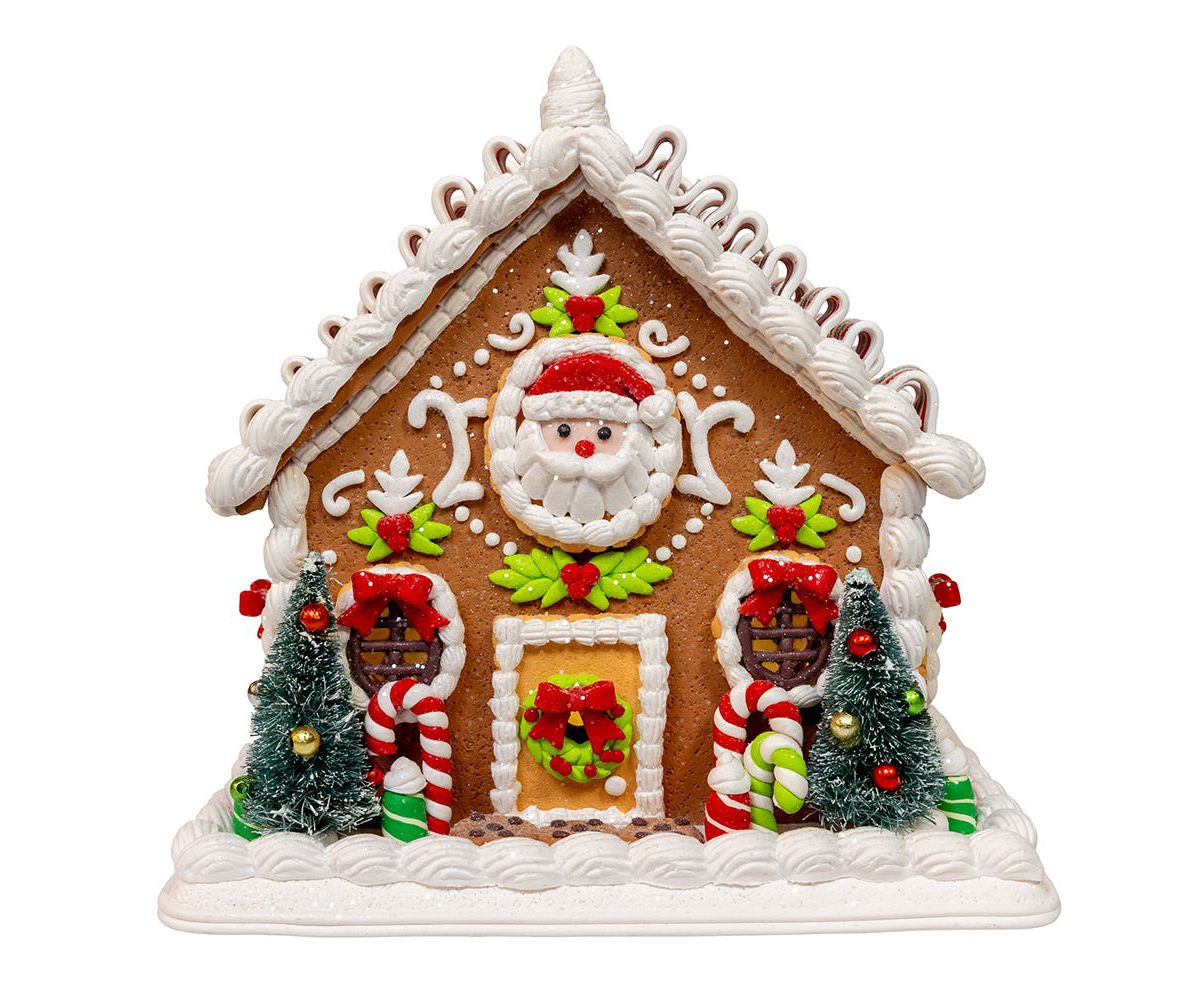 9 Inch Battery Operated Gingerbread House With Santa and Ribbon Candy Roof