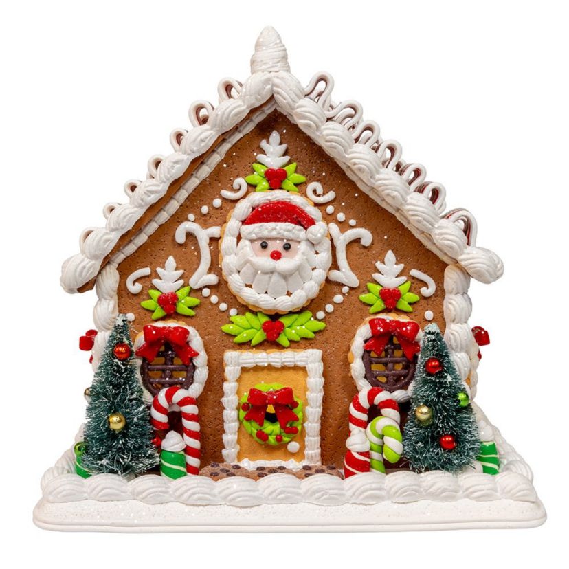 9 Inch Battery Operated Gingerbread House With Santa and Ribbon Candy Roof