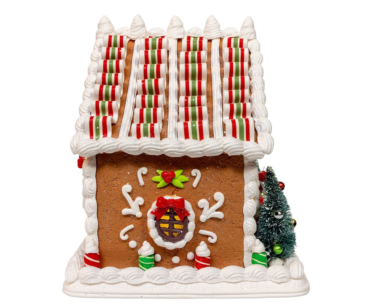 9 Inch Battery Operated Gingerbread House With Santa and Ribbon Candy Roof